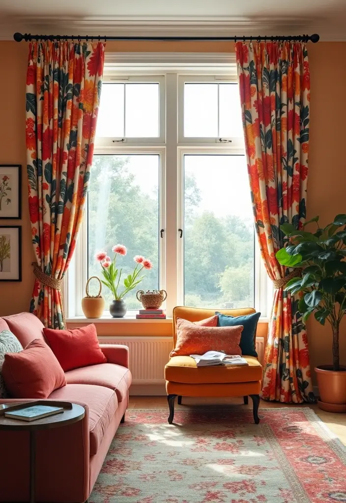 30 Living Room Curtain Ideas for Every Style - 29. Bold Floral Prints 1