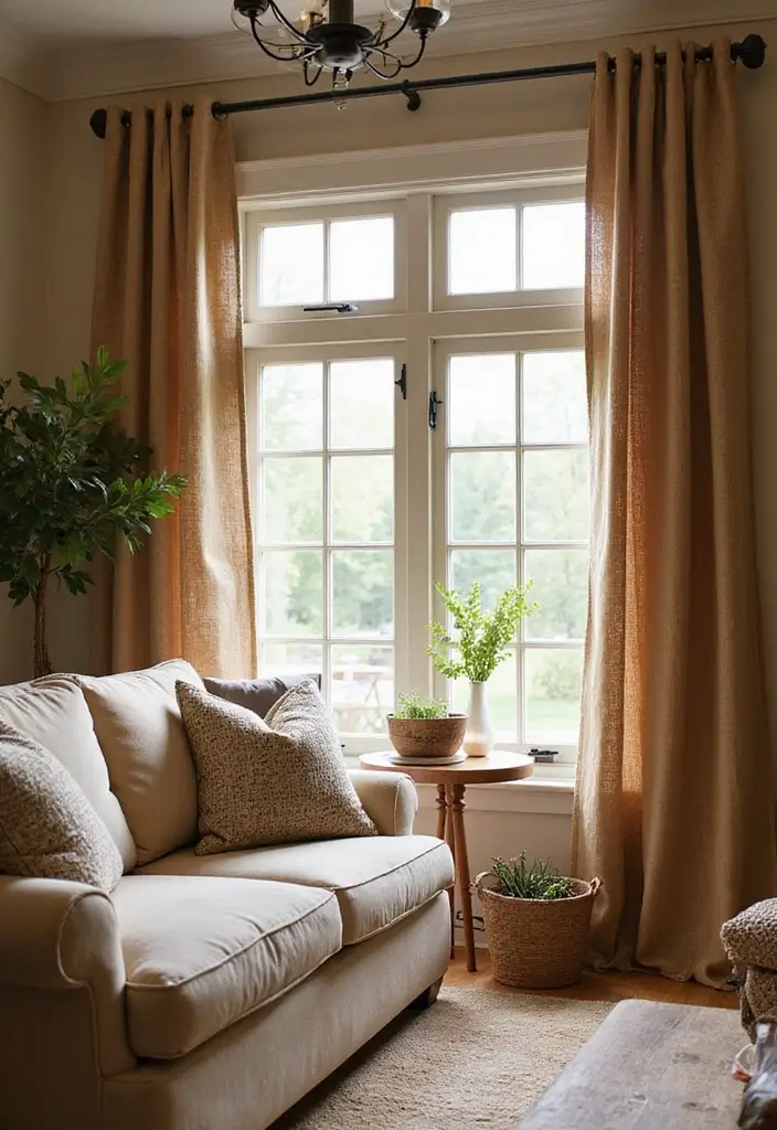 30 Living Room Curtain Ideas for Every Style - 8. Rustic Burlap 1