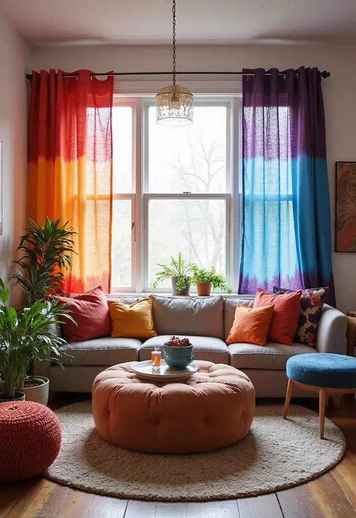 30 Living Room Curtain Ideas for Every Style - 9. Tie-Dye Fun 1