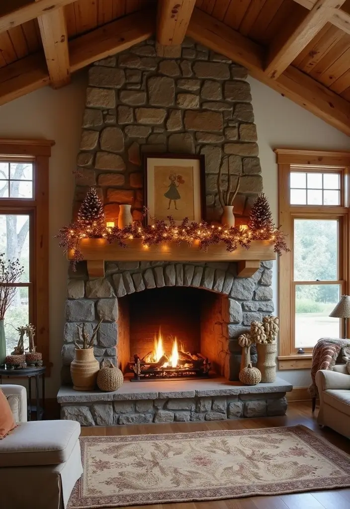 30 Living Room Mantle Decor Ideas: Rustic Farmhouse Style - 1. Natural Wood Beams 1