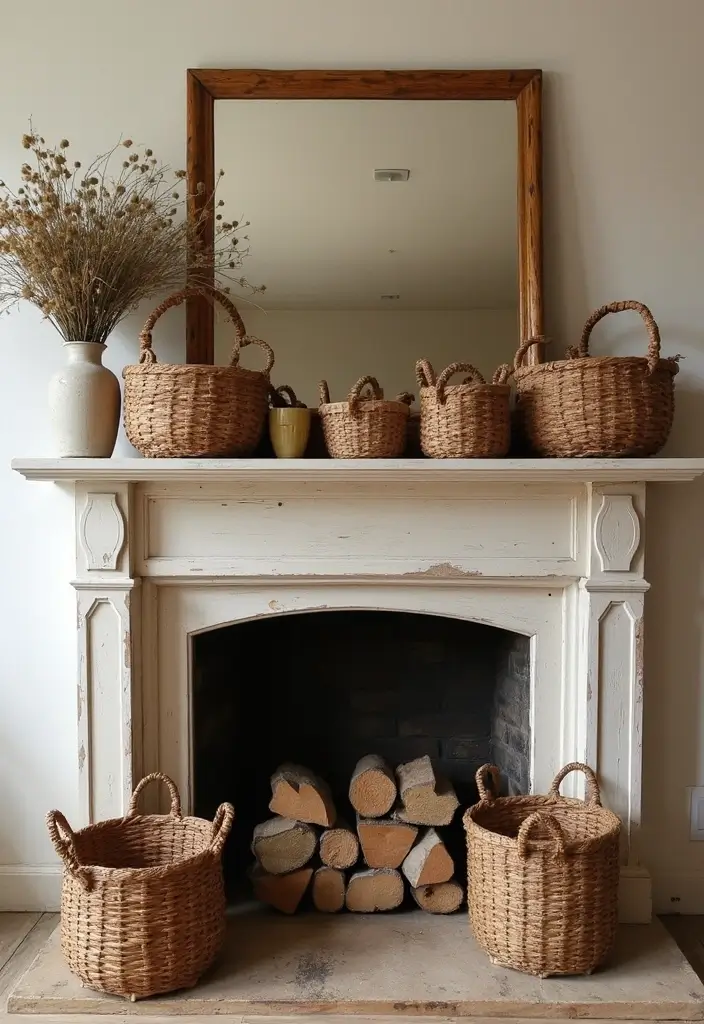 30 Living Room Mantle Decor Ideas: Rustic Farmhouse Style - 13. Rustic Baskets 1
