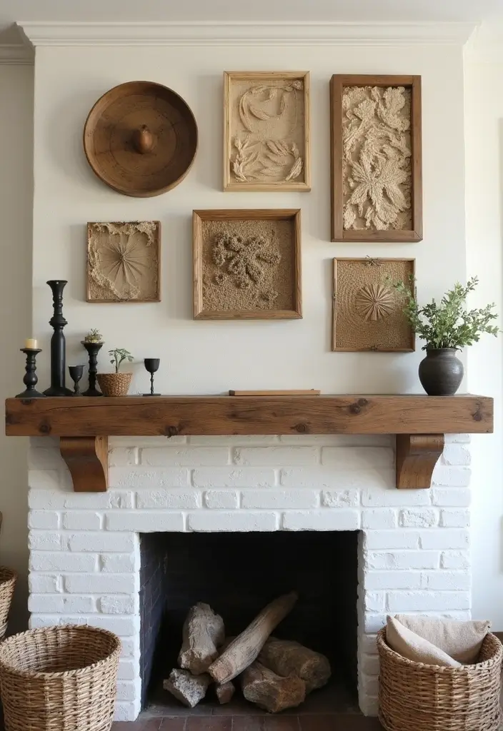 30 Living Room Mantle Decor Ideas: Rustic Farmhouse Style - 14. Textured Wall Hangings 1