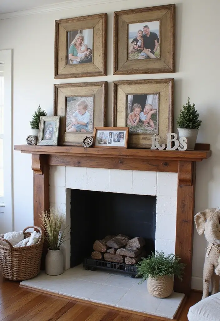 30 Living Room Mantle Decor Ideas: Rustic Farmhouse Style - 15. Family Photo Displays 1