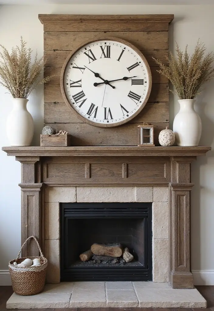 30 Living Room Mantle Decor Ideas: Rustic Farmhouse Style - 18. Farmhouse Clock 1