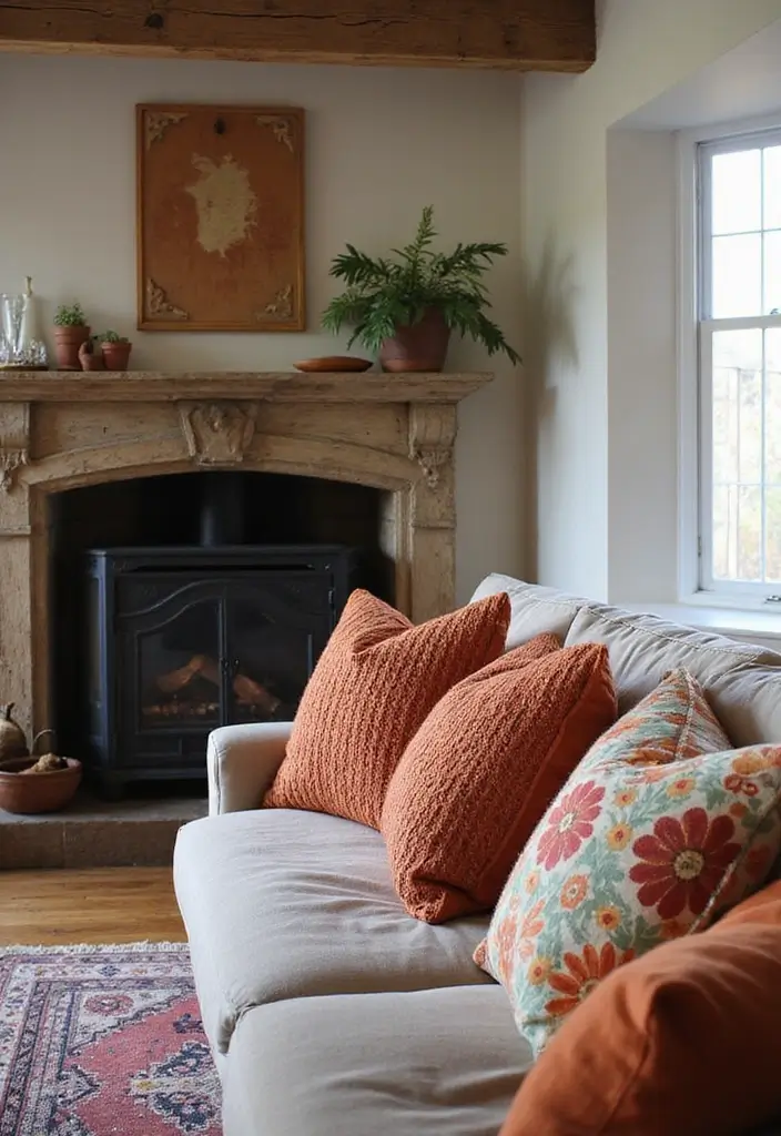 30 Living Room Mantle Decor Ideas: Rustic Farmhouse Style - 19. Colorful Throw Pillows 1