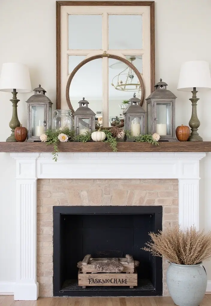 30 Living Room Mantle Decor Ideas: Rustic Farmhouse Style - 22. Farmhouse Lanterns 1