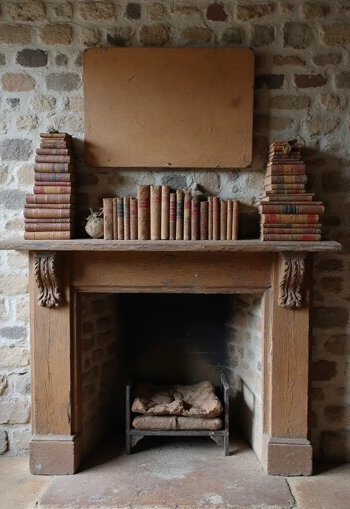 30 Living Room Mantle Decor Ideas: Rustic Farmhouse Style - 23. Vintage Books 1