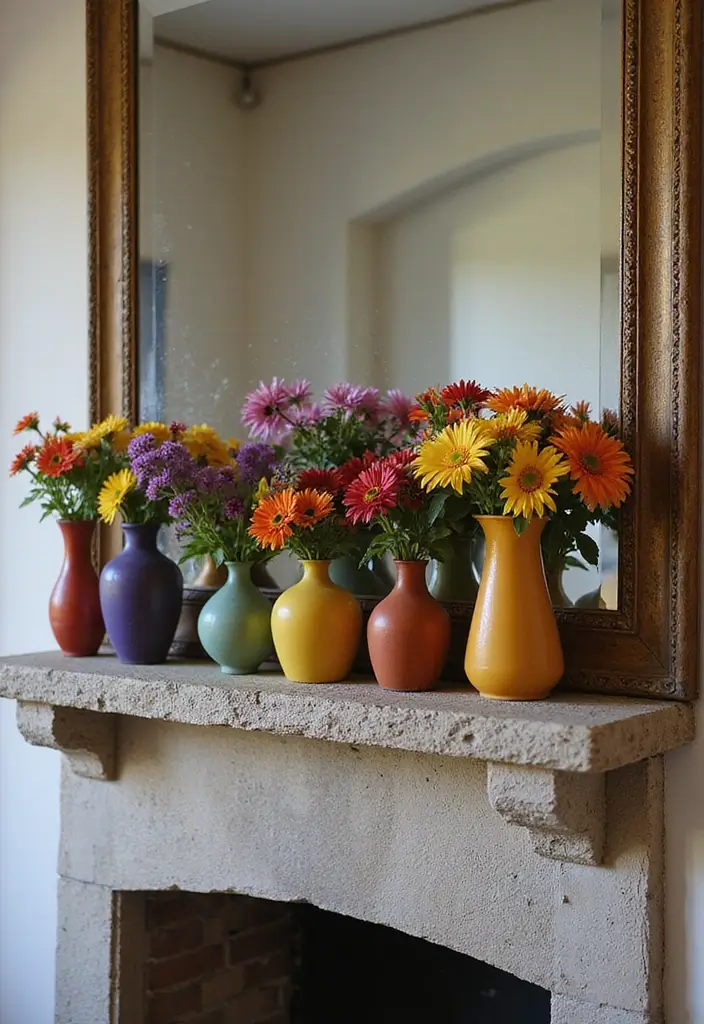 30 Living Room Mantle Decor Ideas: Rustic Farmhouse Style - 24. Colorful Vases 1