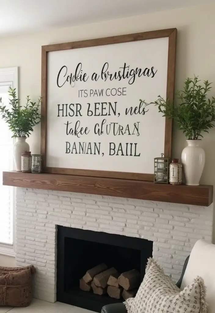 30 Living Room Mantle Decor Ideas: Rustic Farmhouse Style - 6. Farmhouse Style Signage 1