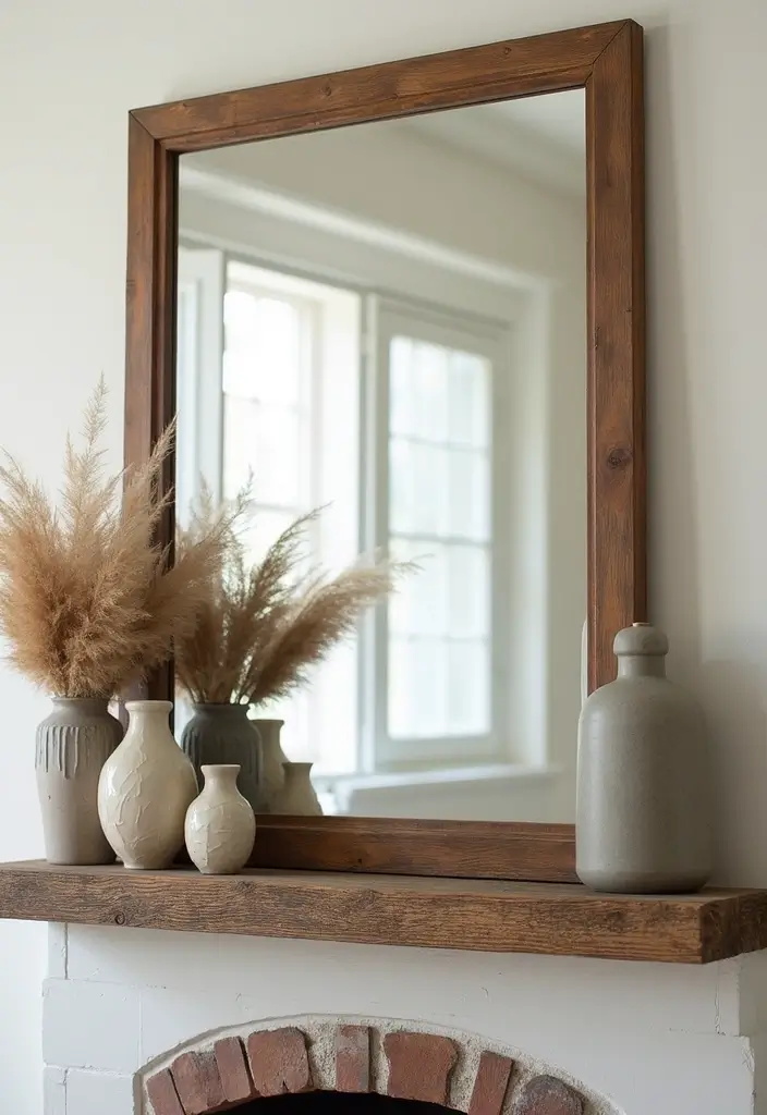 30 Living Room Mantle Decor Ideas: Rustic Farmhouse Style - 8. Mirrors for Depth 1