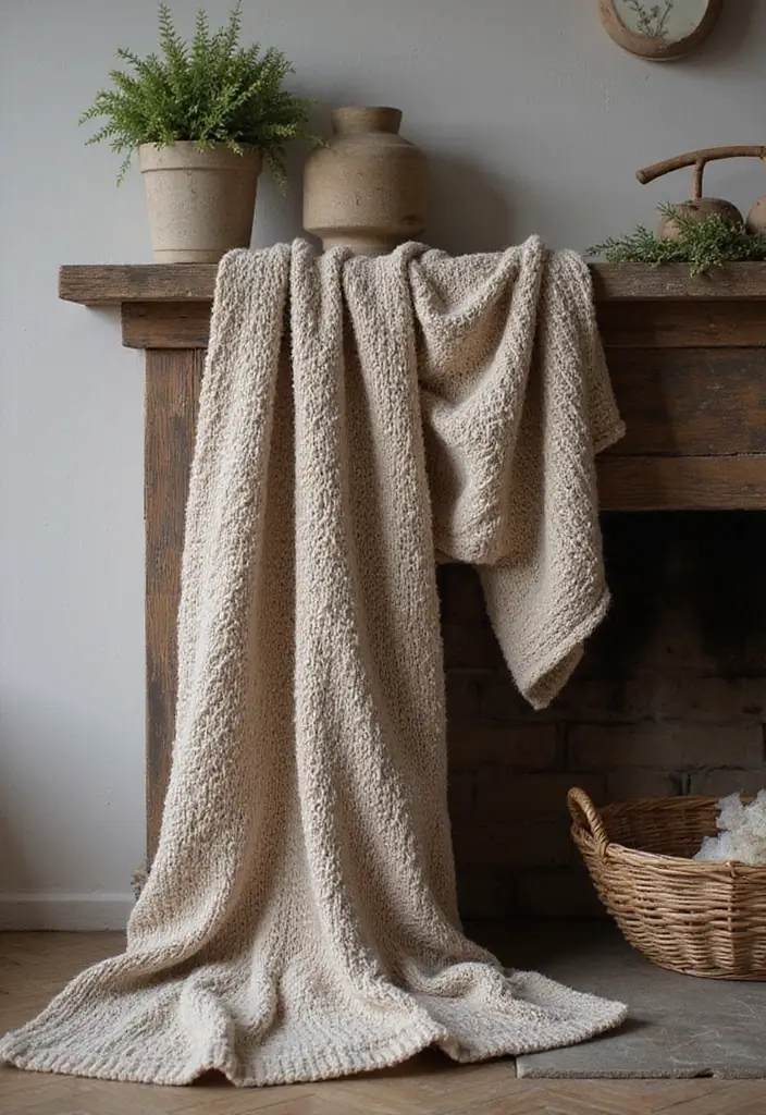 30 Living Room Mantle Decor Ideas: Rustic Farmhouse Style - 9. Chunky Knit Throws 1