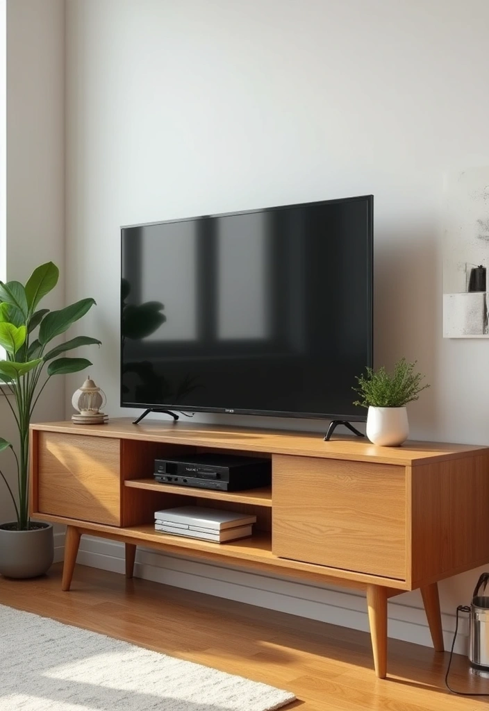 30 Living Room TV Stand Decor Ideas - 1. Minimalist Wood Charm 1