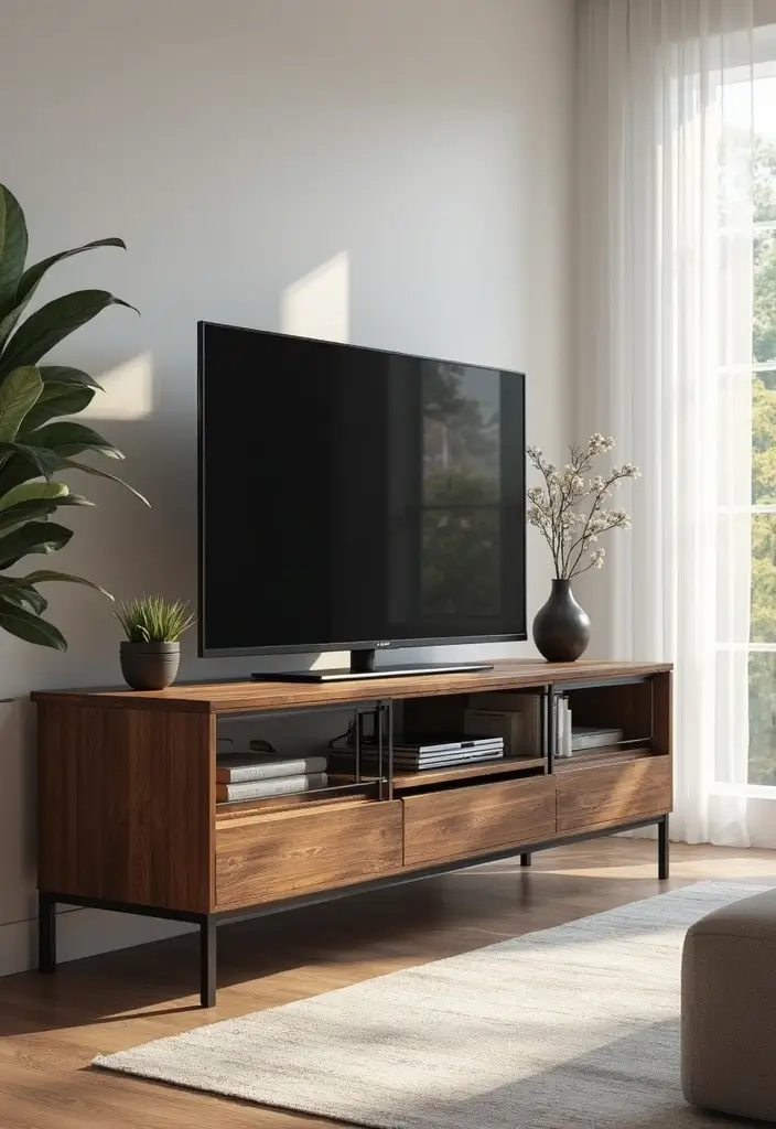 30 Living Room TV Stand Decor Ideas - 10. Mixed Media Magic 1