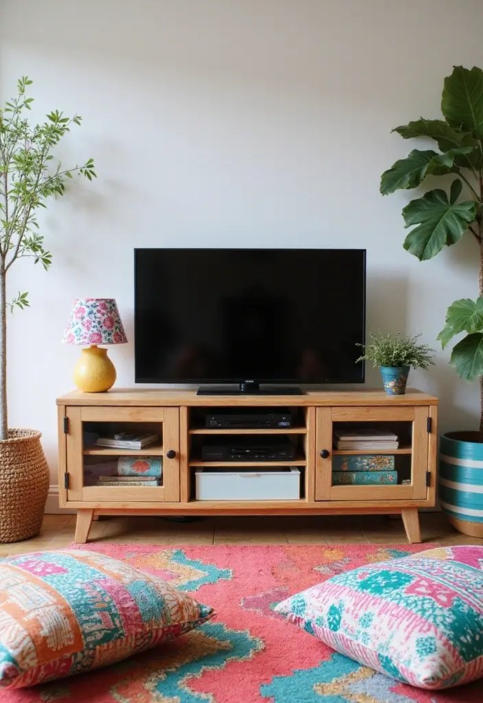 30 Living Room TV Stand Decor Ideas - 15. Playful Patterns 1