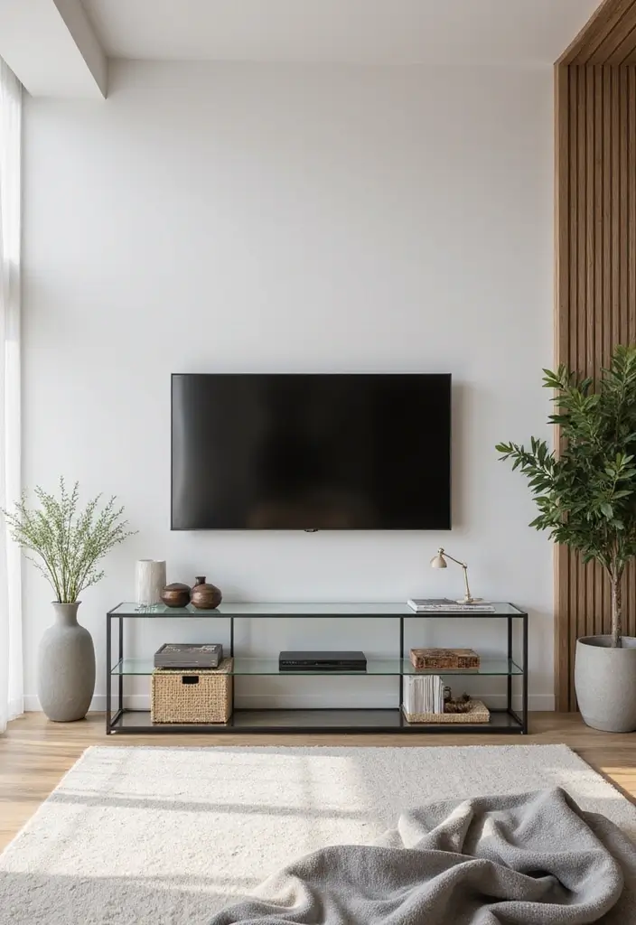 30 Living Room TV Stand Decor Ideas - 17. Sleek Glass Designs 1