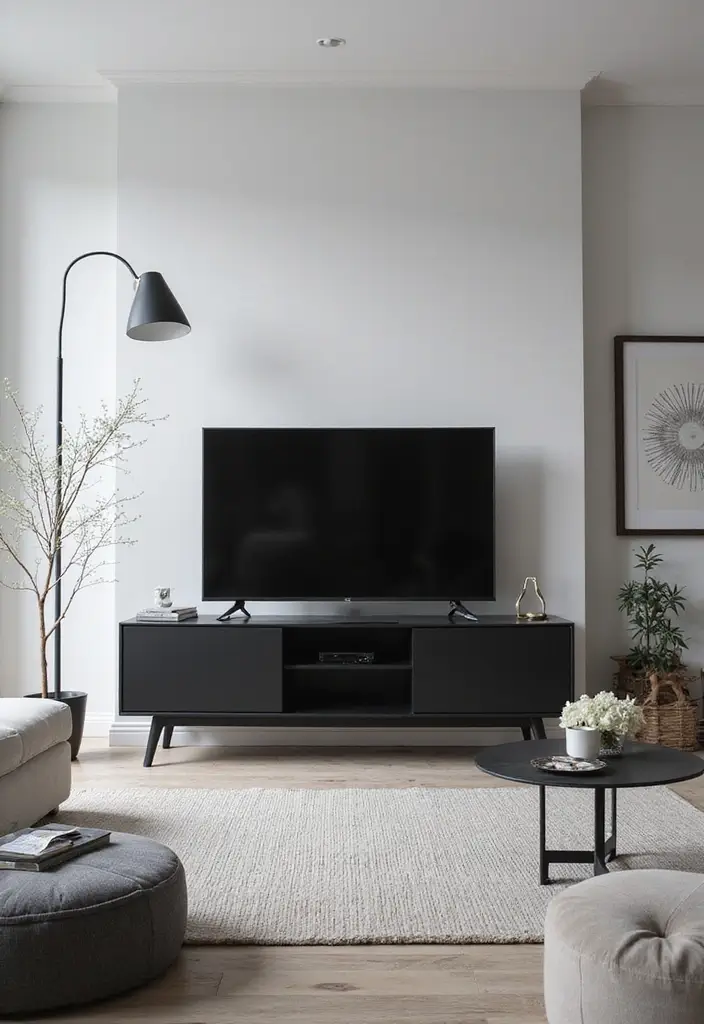 30 Living Room TV Stand Decor Ideas - 18. Monochrome Magic 1