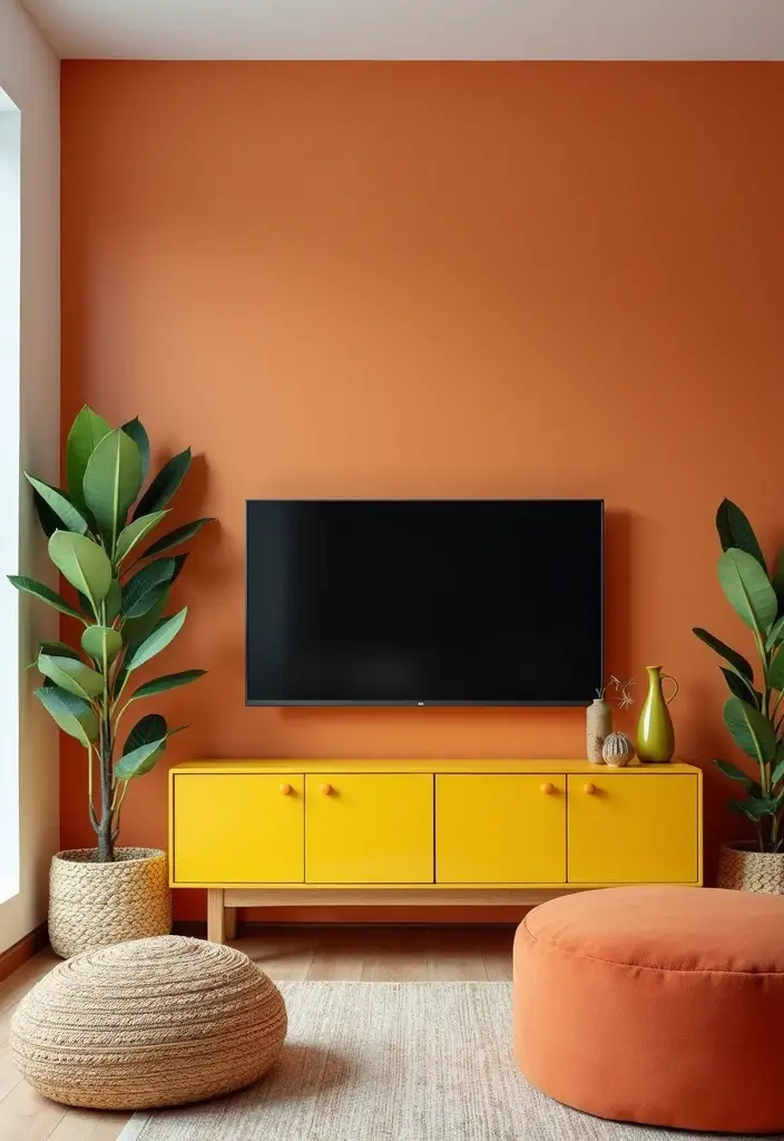 30 Living Room TV Stand Decor Ideas - 2. Color Pop Accents 1