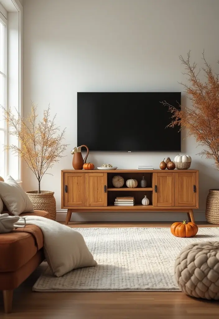 30 Living Room TV Stand Decor Ideas - 20. Seasonal Swaps 1