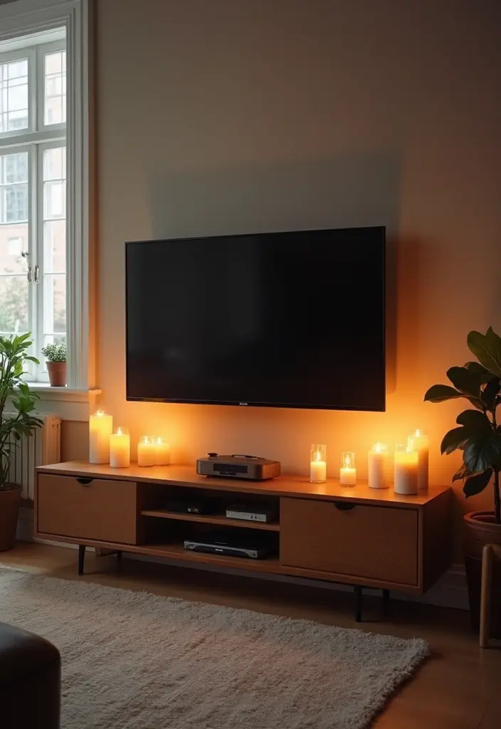 30 Living Room TV Stand Decor Ideas - 23. Candlelit Ambiance 1
