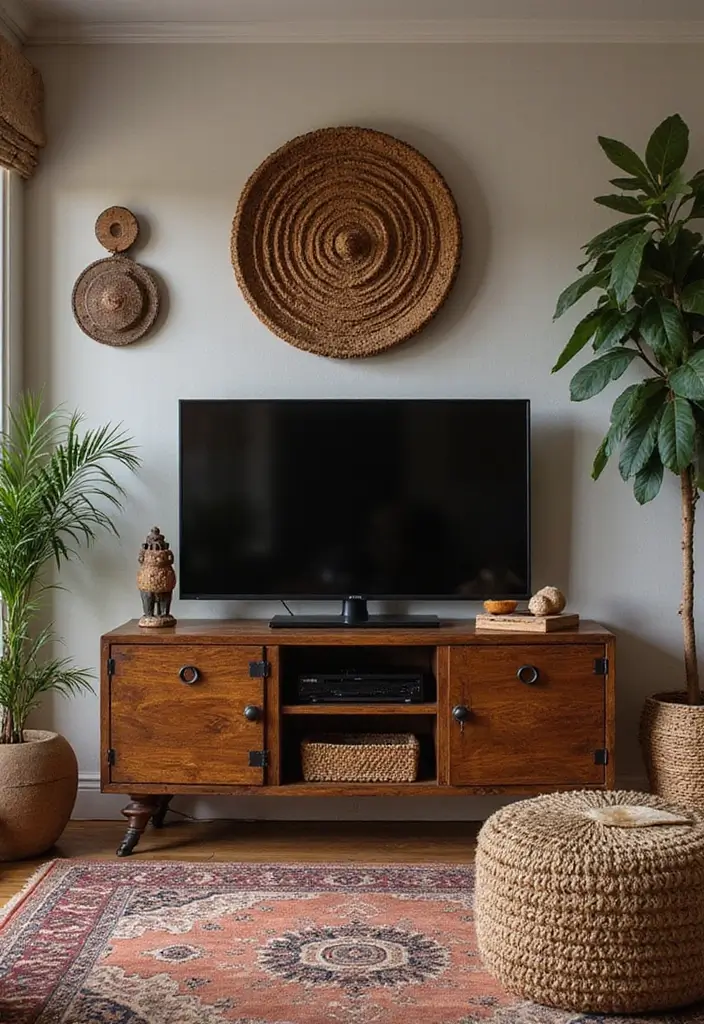 30 Living Room TV Stand Decor Ideas - 26. Cultural Influences 1