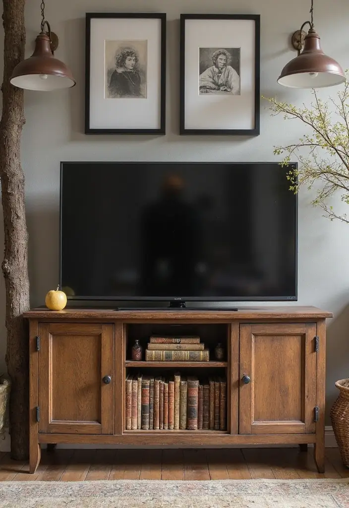 30 Living Room TV Stand Decor Ideas - 27. Vintage Book Displays 1