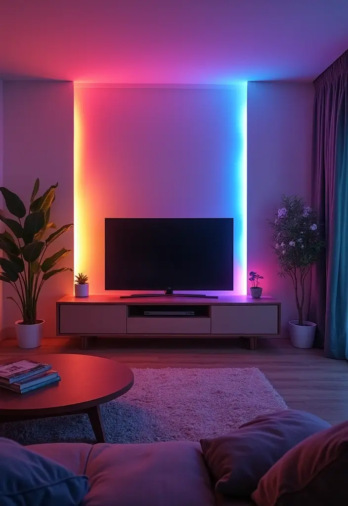 30 Living Room TV Stand Decor Ideas - 29. Multi-Color Lighting 1