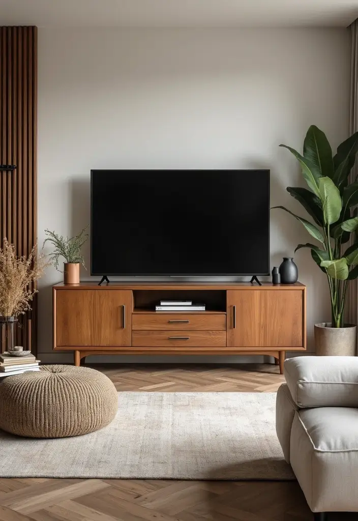 30 Living Room TV Stand Decor Ideas - 3. Layered Textures 1