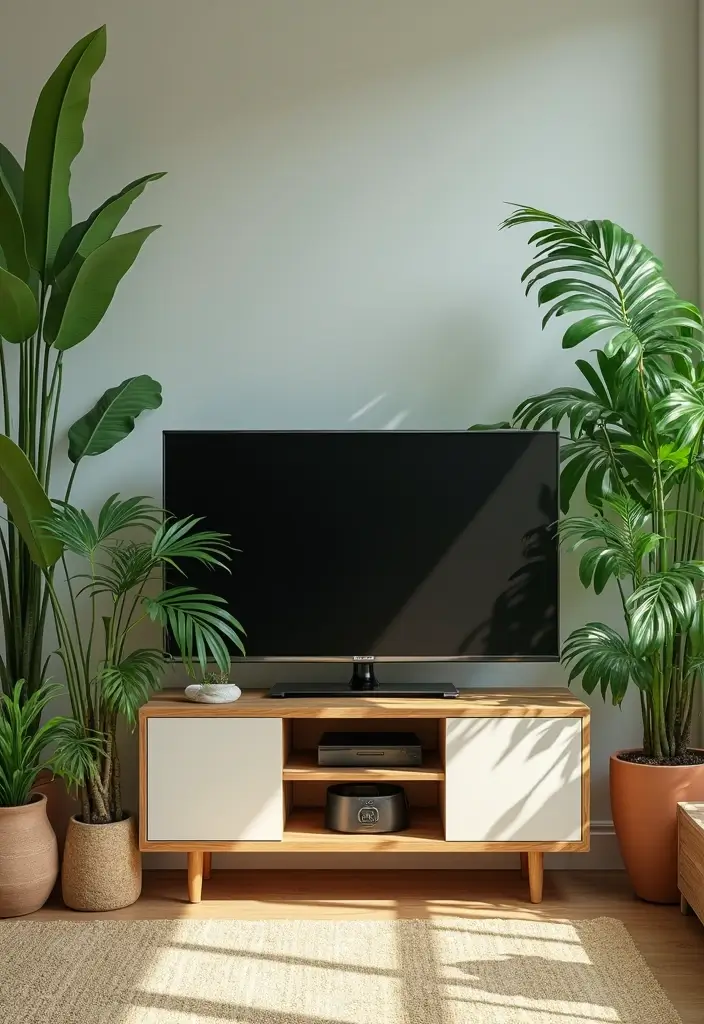 30 Living Room TV Stand Decor Ideas - 8. Greenery Galore 1