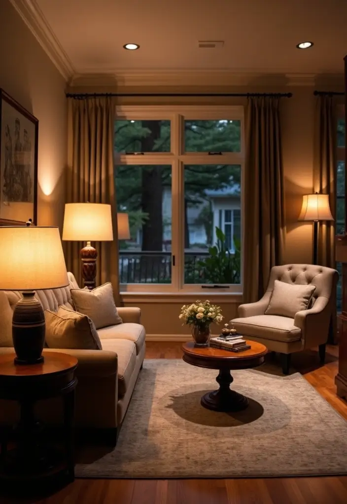 30 Mid Century Modern Living Room Decor Ideas - 17. Layered Lighting 1