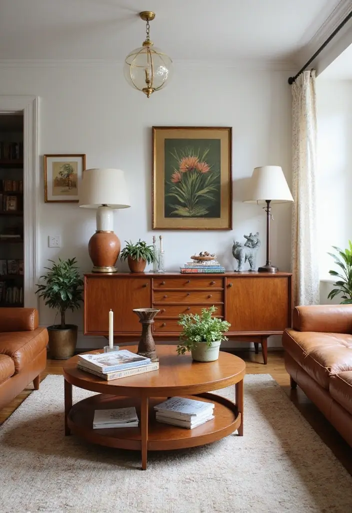 30 Mid Century Modern Living Room Decor Ideas - 18. Vintage Finds as Centerpieces 1