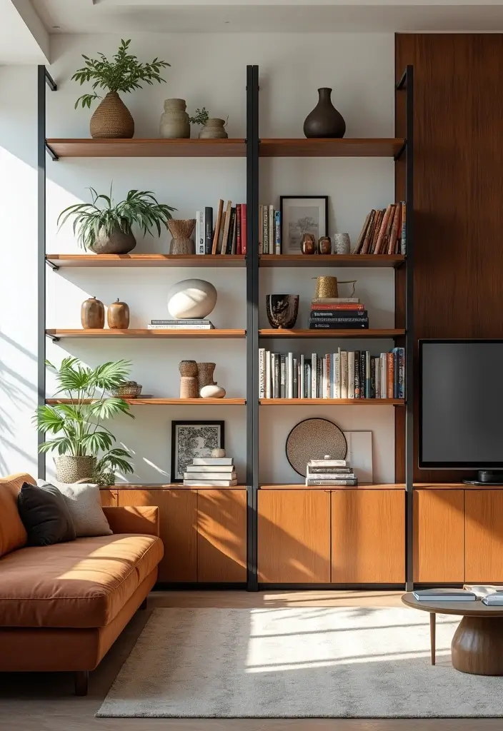 30 Mid Century Modern Living Room Decor Ideas - 19. Open Shelving Displays 1