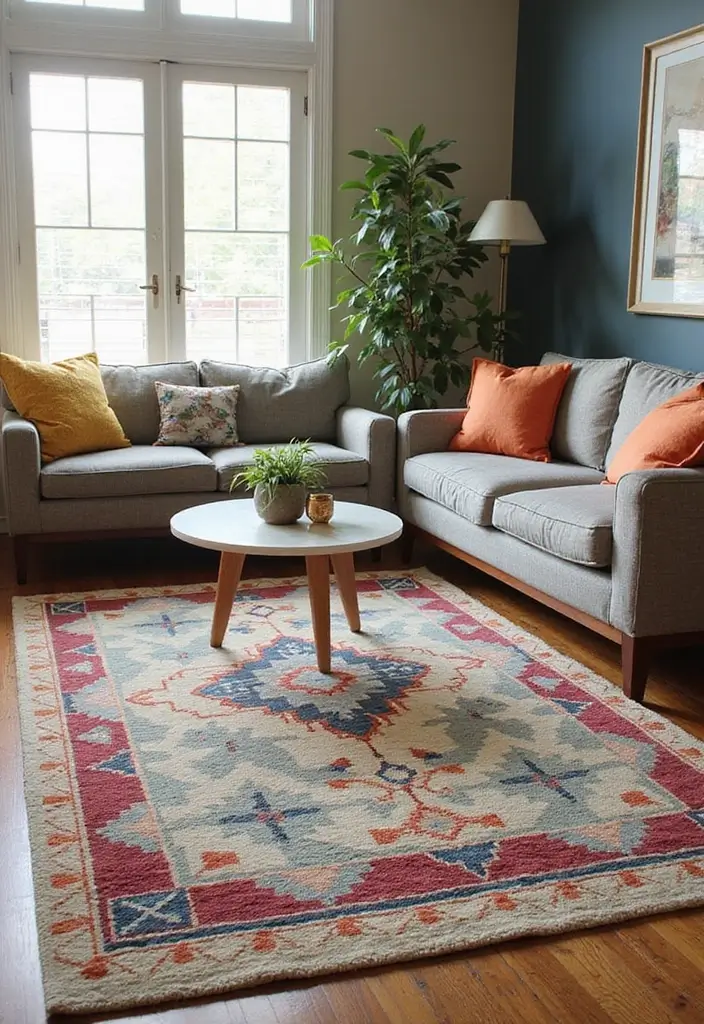 30 Mid Century Modern Living Room Decor Ideas - 2. Geometric Area Rugs 1