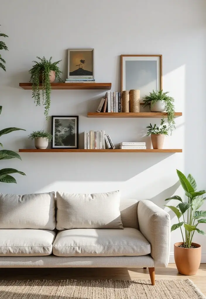 30 Mid Century Modern Living Room Decor Ideas - 9. Creative Wall Shelves 1