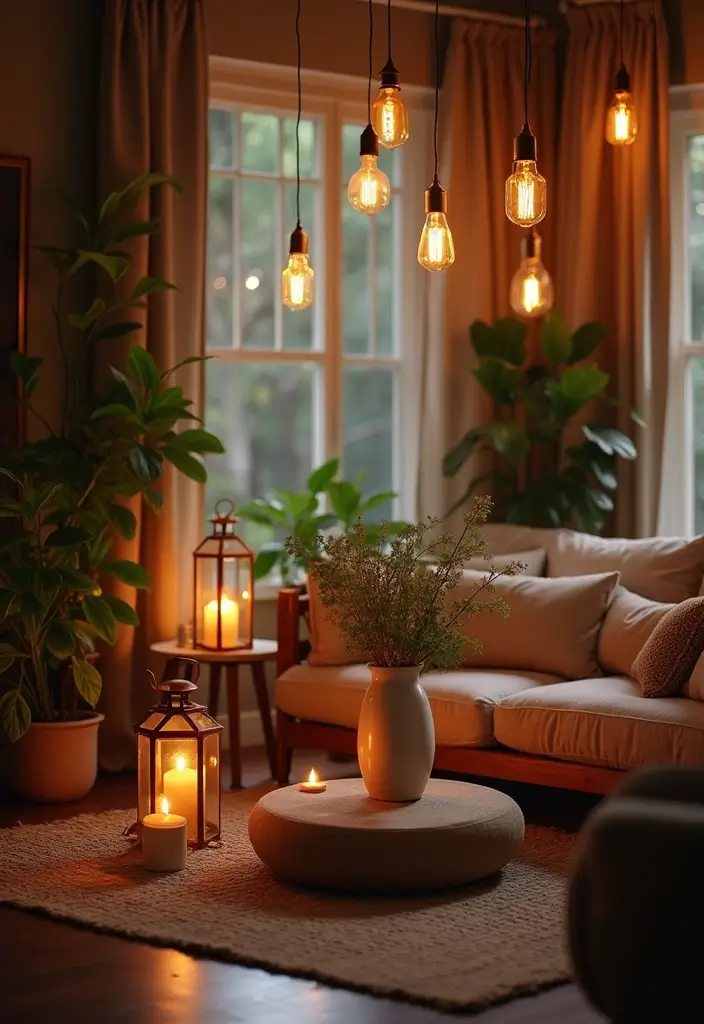30 Natural Living Room Decor Ideas: Embrace Sustainable Bohemian Style - 14. Soft Lighting with Natural Elements 1