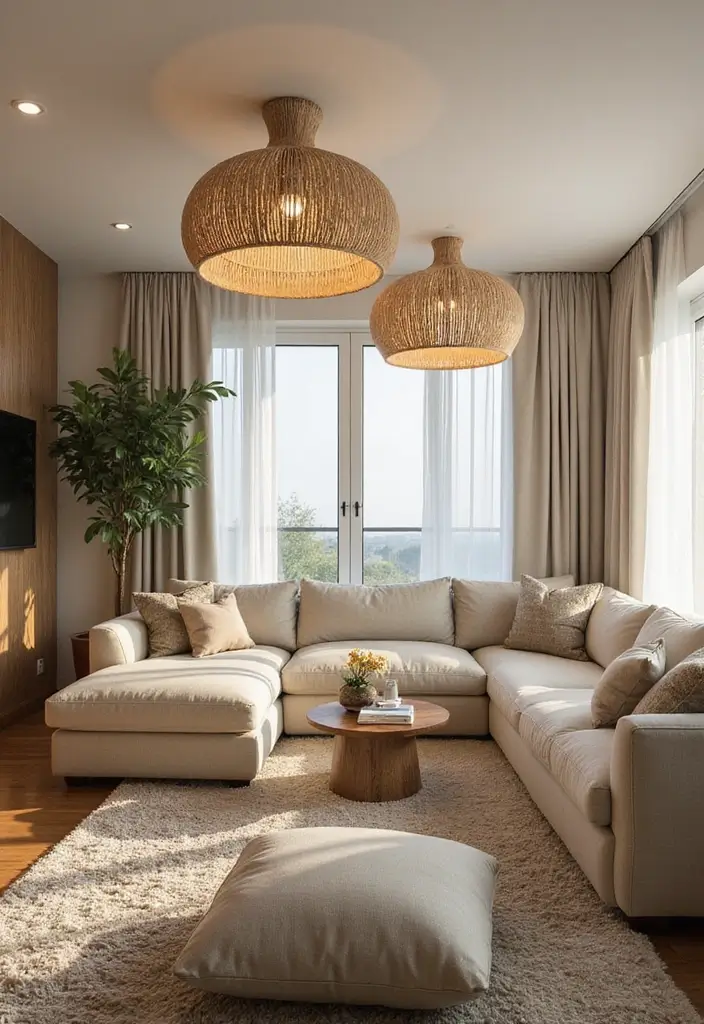 30 Natural Living Room Decor Ideas: Embrace Sustainable Bohemian Style - 16. Sustainable Lighting Fixtures 1