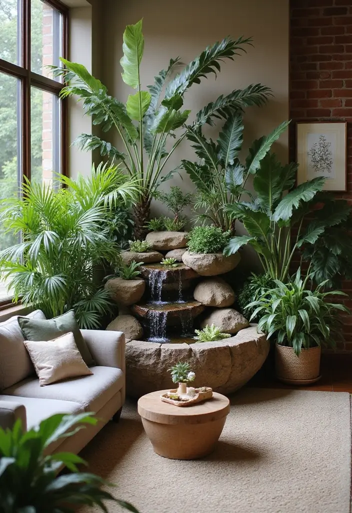 30 Natural Living Room Decor Ideas: Embrace Sustainable Bohemian Style - 17. Indoor Water Features 1