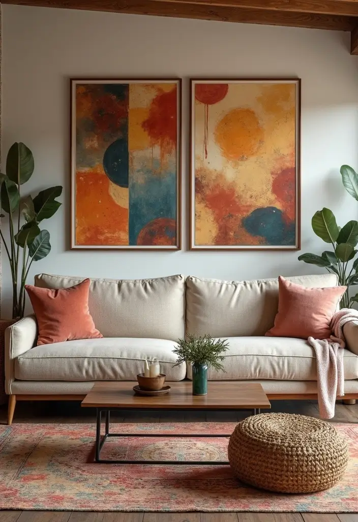30 Natural Living Room Decor Ideas: Embrace Sustainable Bohemian Style - 19. Incorporating Earthy Artwork 1