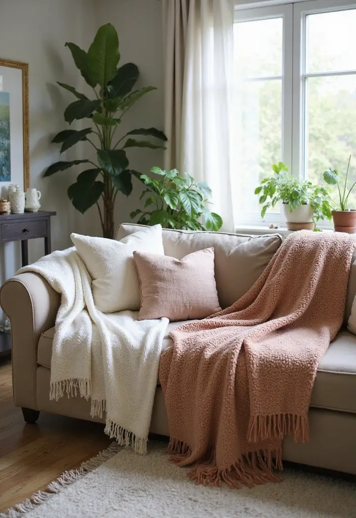 30 Natural Living Room Decor Ideas: Embrace Sustainable Bohemian Style - 20. Sustainable Throws 1