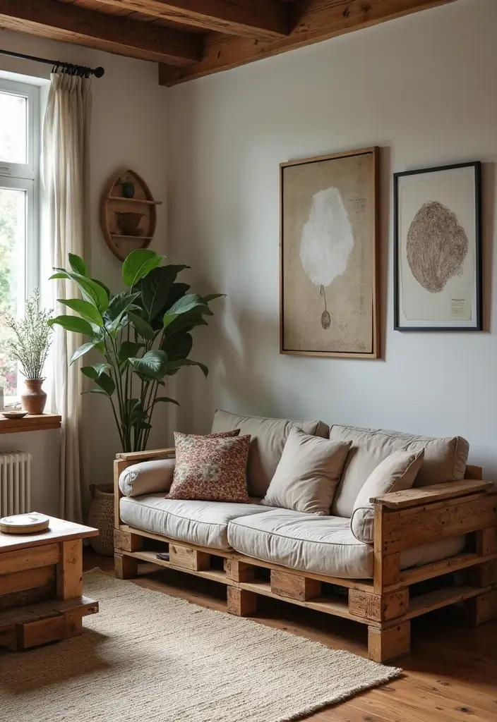 30 Natural Living Room Decor Ideas: Embrace Sustainable Bohemian Style - 24. Pallet Furniture 1