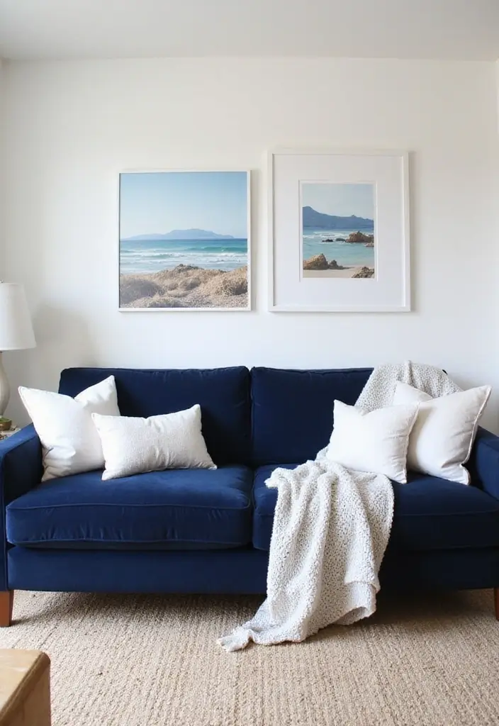 30 Navy Blue Living Room Decor Ideas - 1. Navy Blue Sofa with White Accents 1