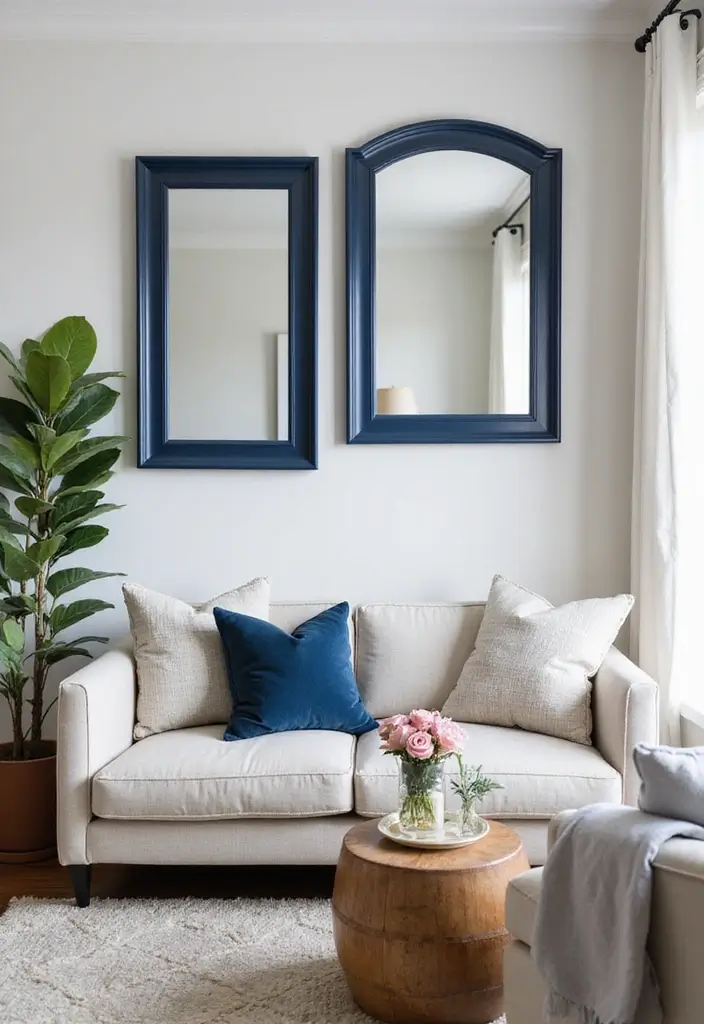 30 Navy Blue Living Room Decor Ideas - 10. Decorative Mirrors 1