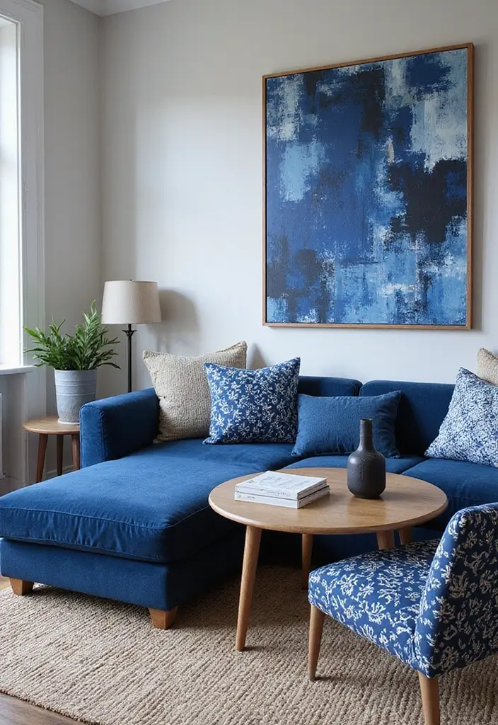 30 Navy Blue Living Room Decor Ideas - 11. Mixed Patterns 1