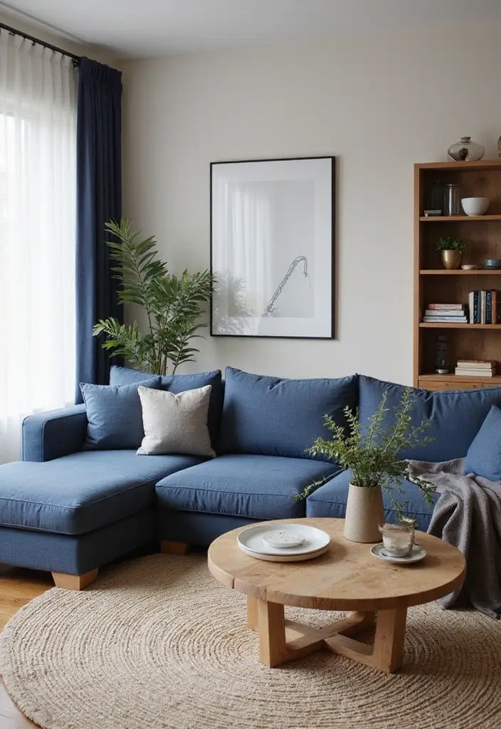 30 Navy Blue Living Room Decor Ideas - 12. Natural Elements 1