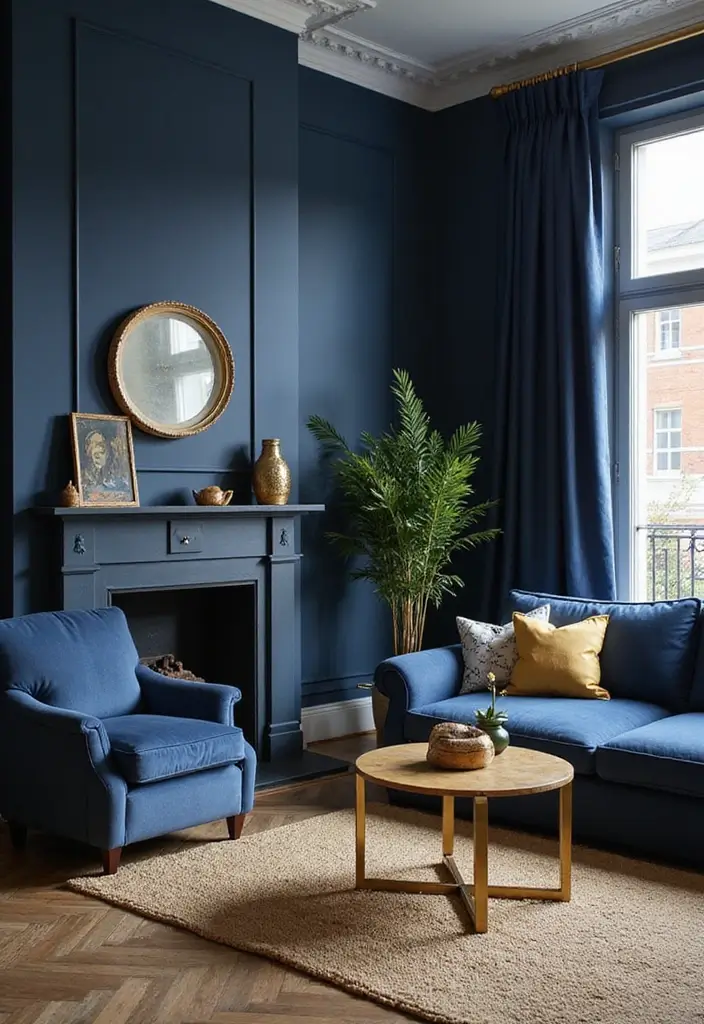 30 Navy Blue Living Room Decor Ideas - 16. Blue and Gold Accents 1