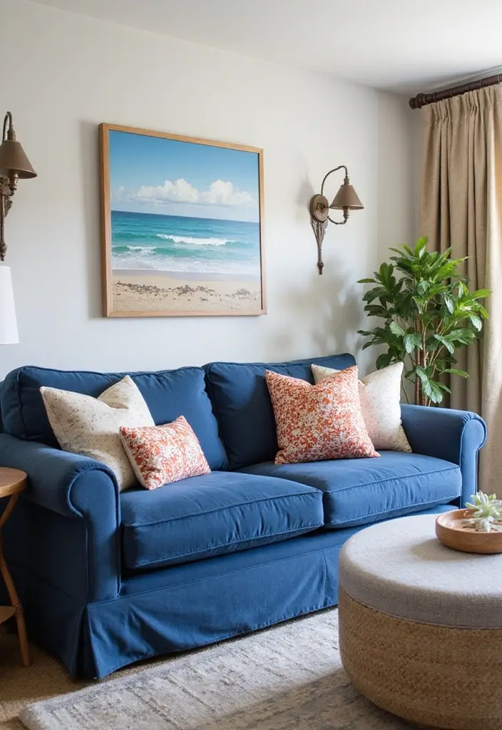 30 Navy Blue Living Room Decor Ideas - 18. Accent Pillows with Coastal Patterns 1