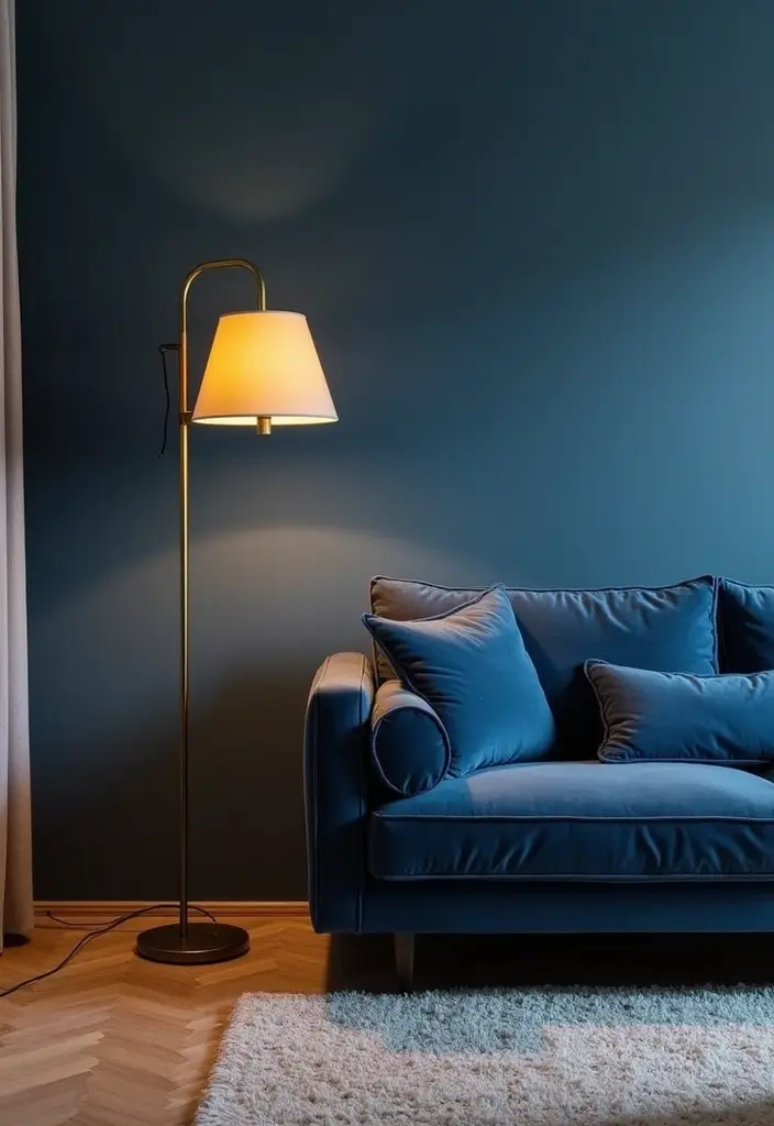 30 Navy Blue Living Room Decor Ideas - 19. Floor Lamps as Statement Pieces 1