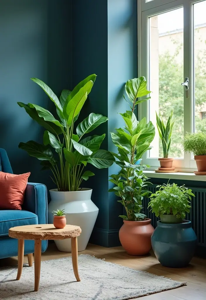 30 Navy Blue Living Room Decor Ideas - 21. Unique Planters 1