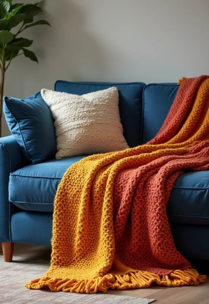 30 Navy Blue Living Room Decor Ideas - 22. Colorful Throws 1