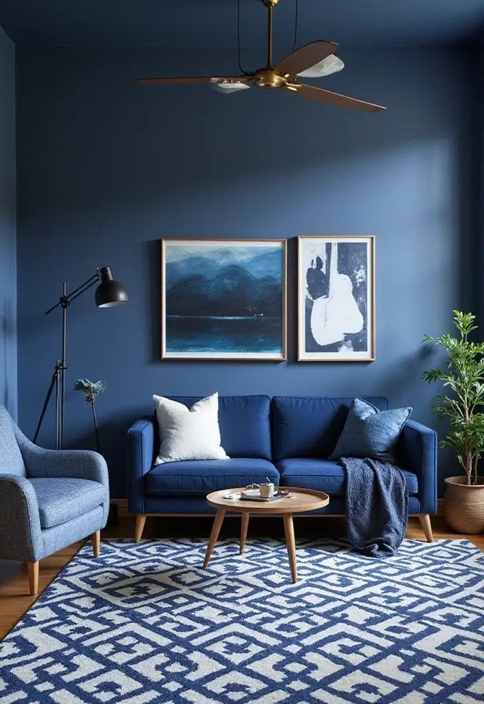 30 Navy Blue Living Room Decor Ideas - 23. Use of Bold Geometric Patterns 1