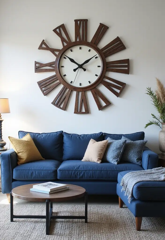 30 Navy Blue Living Room Decor Ideas - 24. Statement Wall Clock 1
